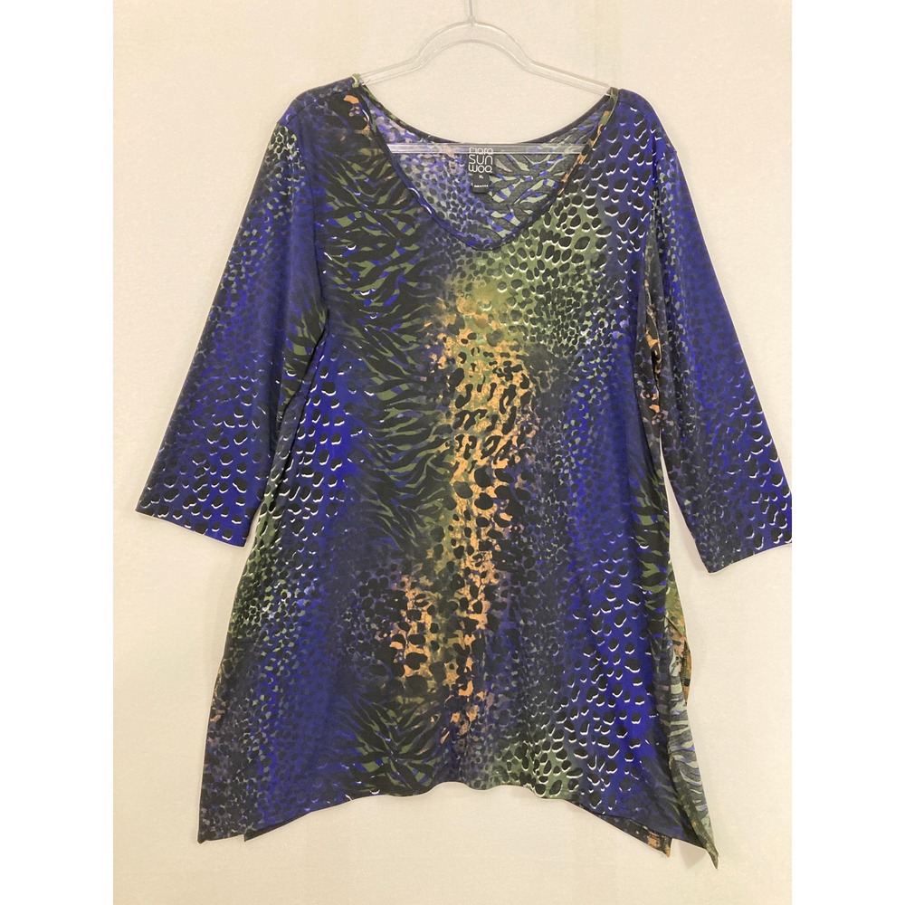 Clara Sun Woo Tunic XL Multi Mixed‎ Animal Print Shark-bite Hem Stretch Knit